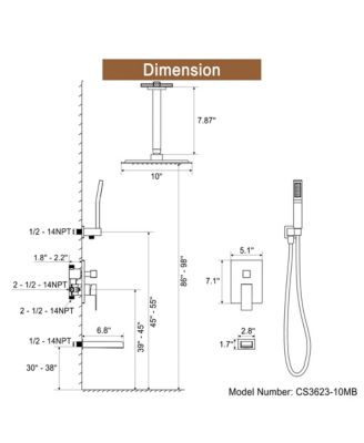 3-Function 10-In Ceiling Mounted Shower System With Waterfall Tub Filler (Matte Black)