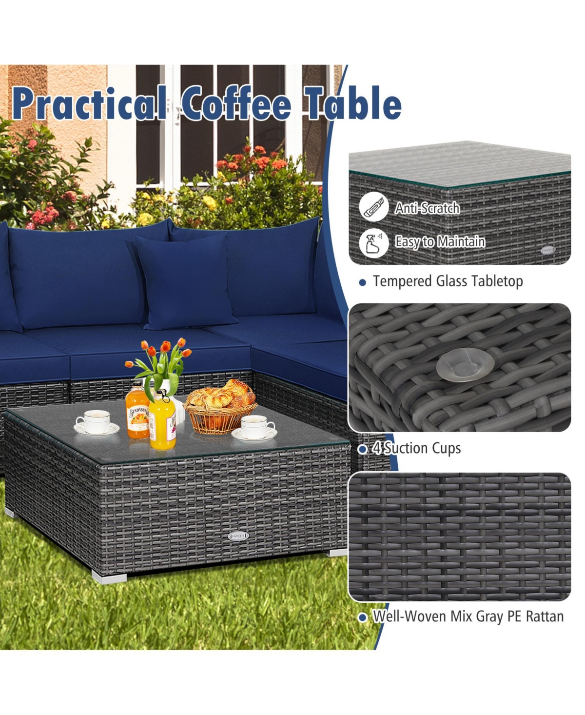 7 Pieces Patio Rattan Furniture Set Sectional Sofa Garden Cushion