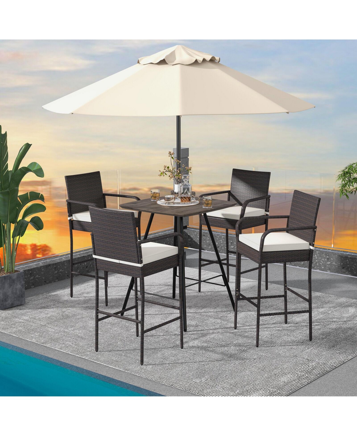 Gouun 4 Pieces Outdoor Pe Rattan Cushioned Barstool Set with Armrests-Set of 4
