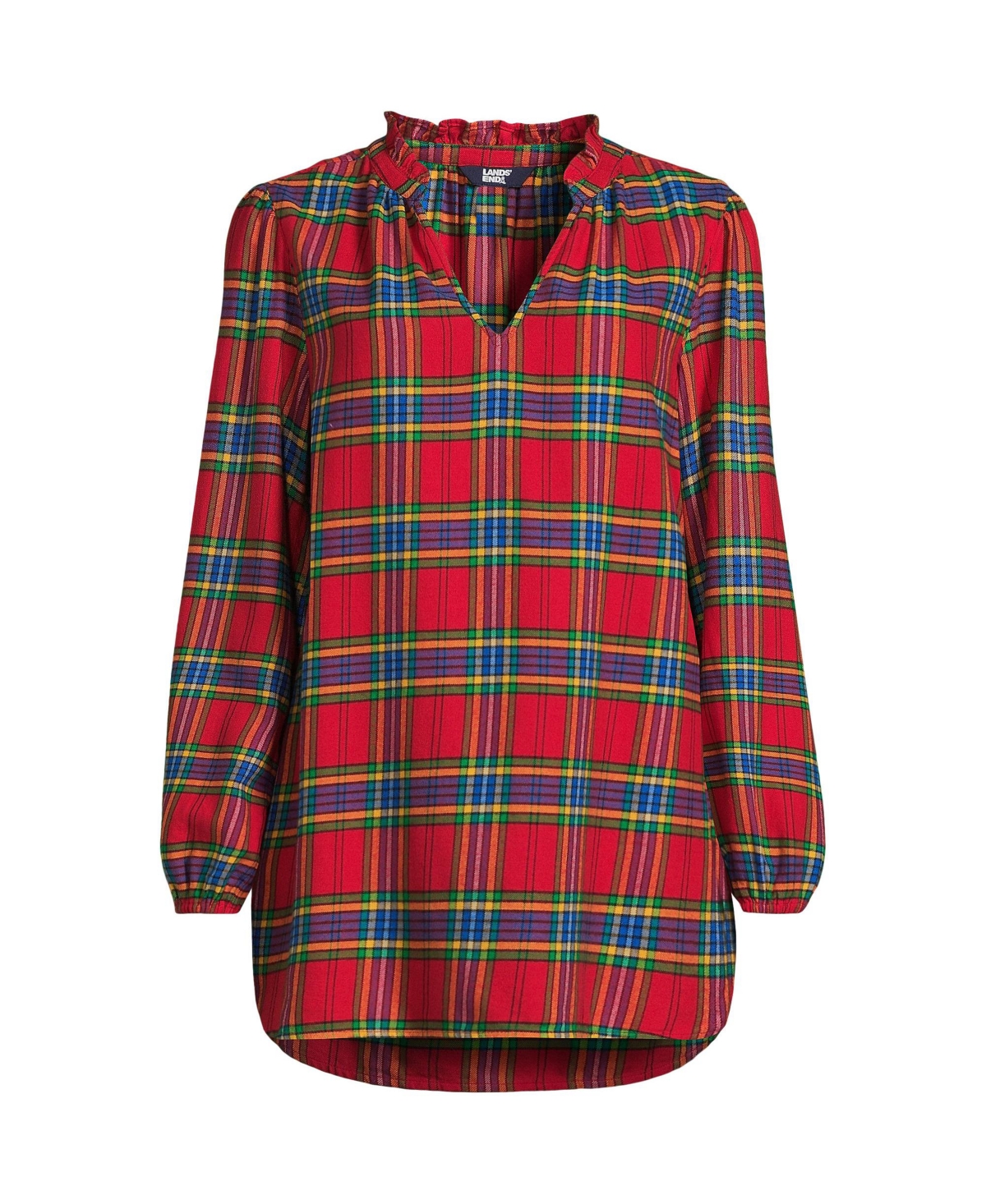 Lands' End Plus Size Brushed Flannel Ruffle Split Neck Tunic -nautical blue plaid