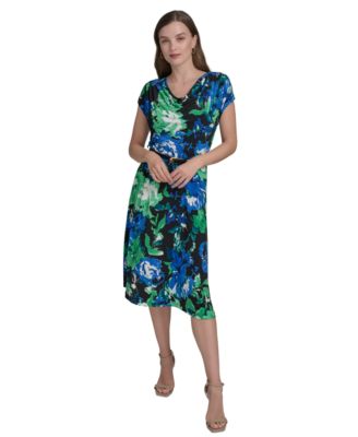 Halston - Women's Printed Drape-Neck Belted Dress