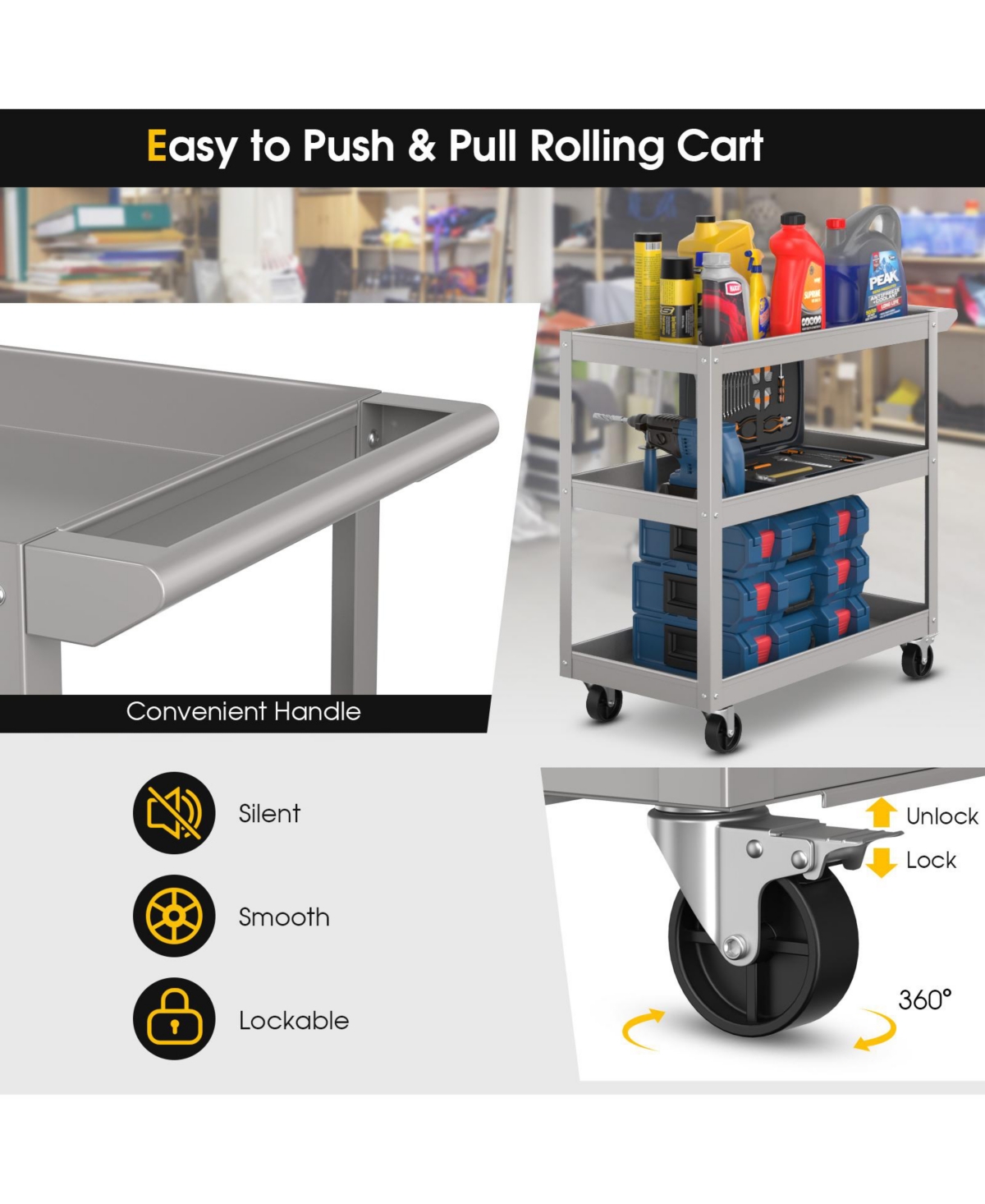 Gouun 3-Tier Metal Utility Cart Trolley Tool with Flat Handle and 2 Lockable Universal Wheels