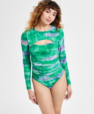 Women's Printed Crewneck Long-Sleeve Ruched Bodysuit, Exclusively at Macy's 