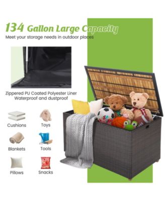 134 Gallon Rattan Storage Box with Zippered Liner and Solid Acacia Wood Top