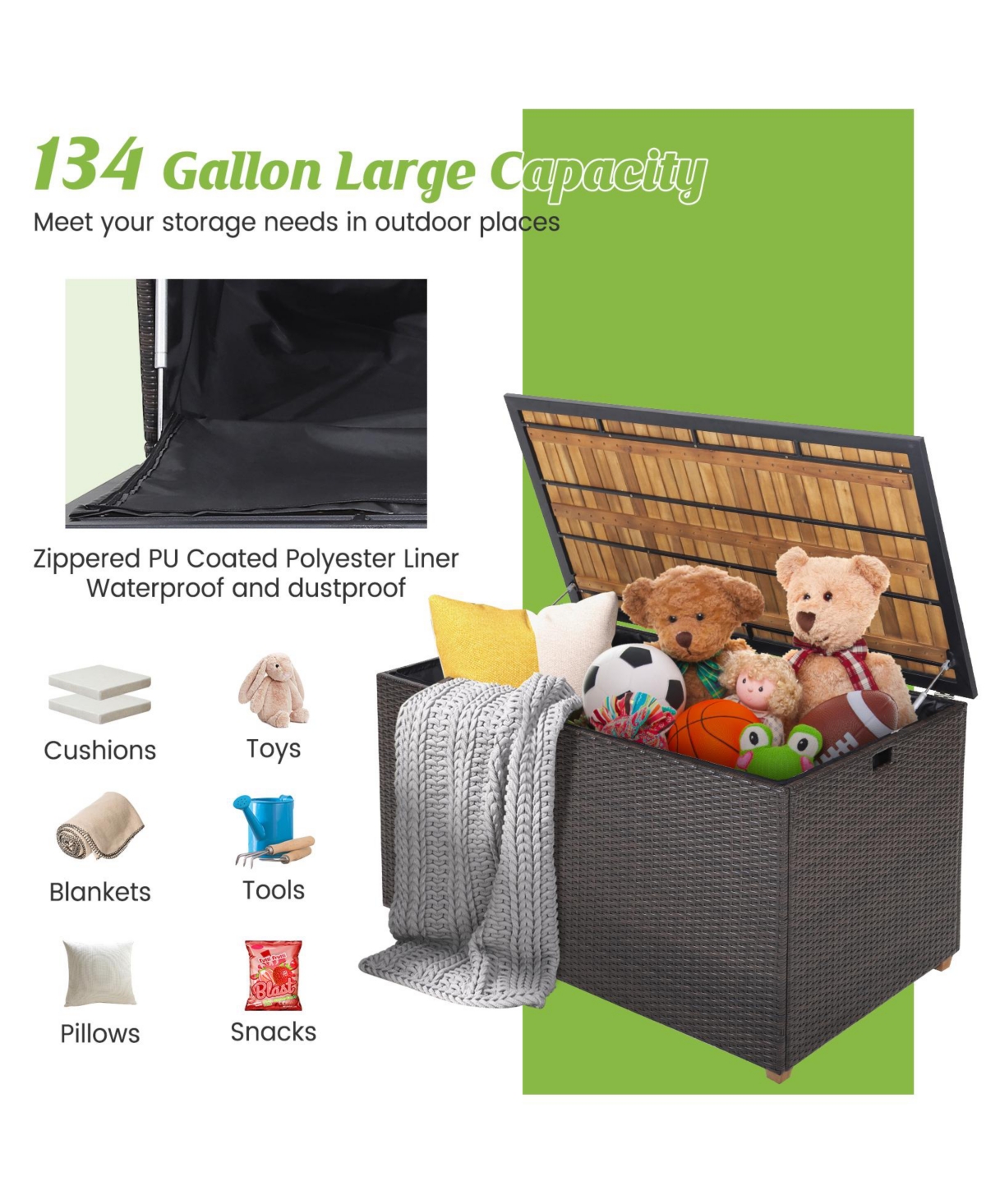 Gouun Gallon Rattan Storage Box with Zippered Liner and Solid Acacia Wood Top