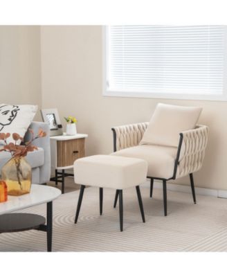 Modern Dutch Velvet Accent Chair and Ottoman Set with Weaved Back and Arms