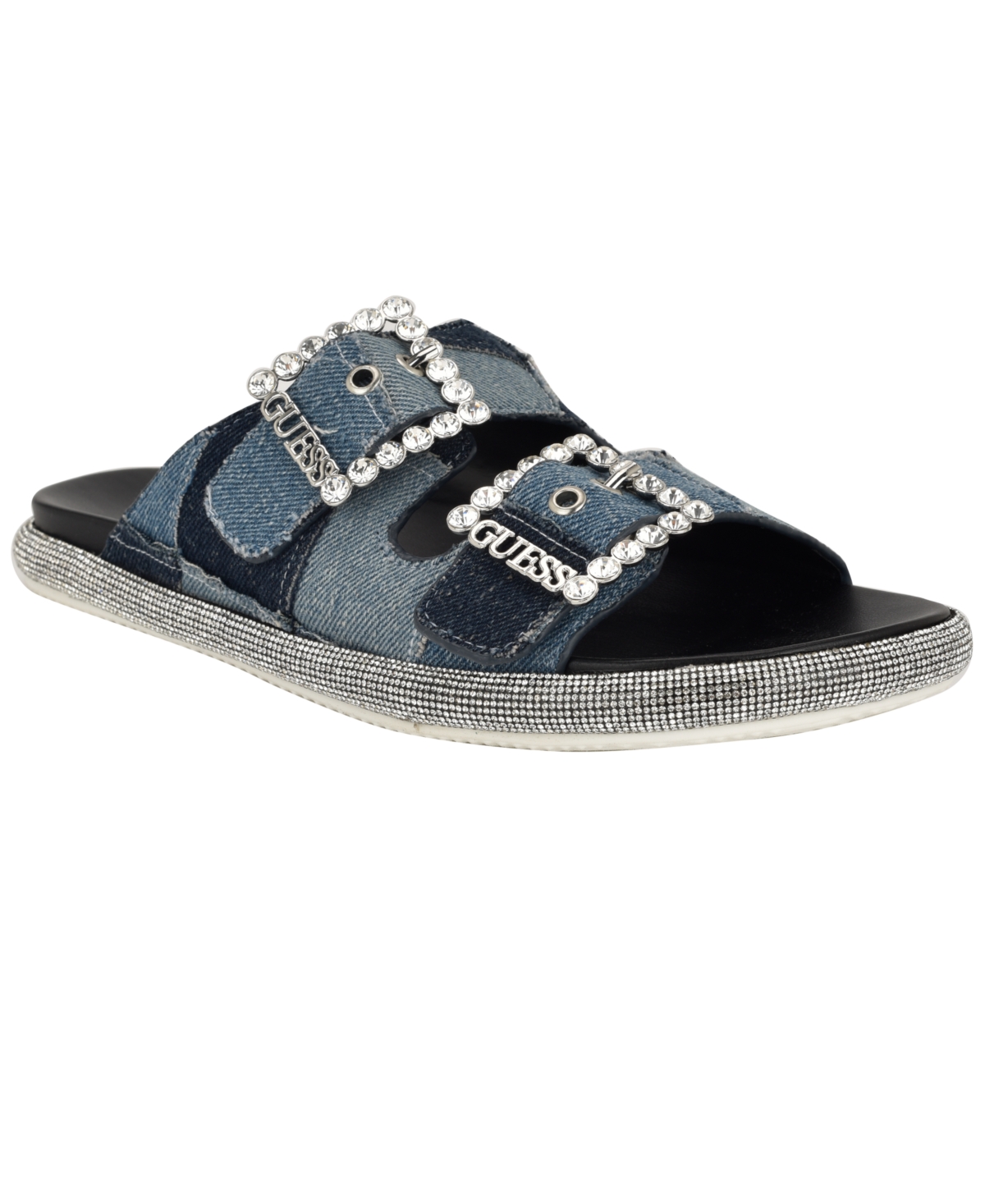 Guess Funzya Slide Sandal In Blue Denim Patchwork