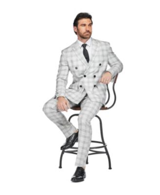 Men's 2 Piece Slim Fit Grey Check Double Breasted Suit