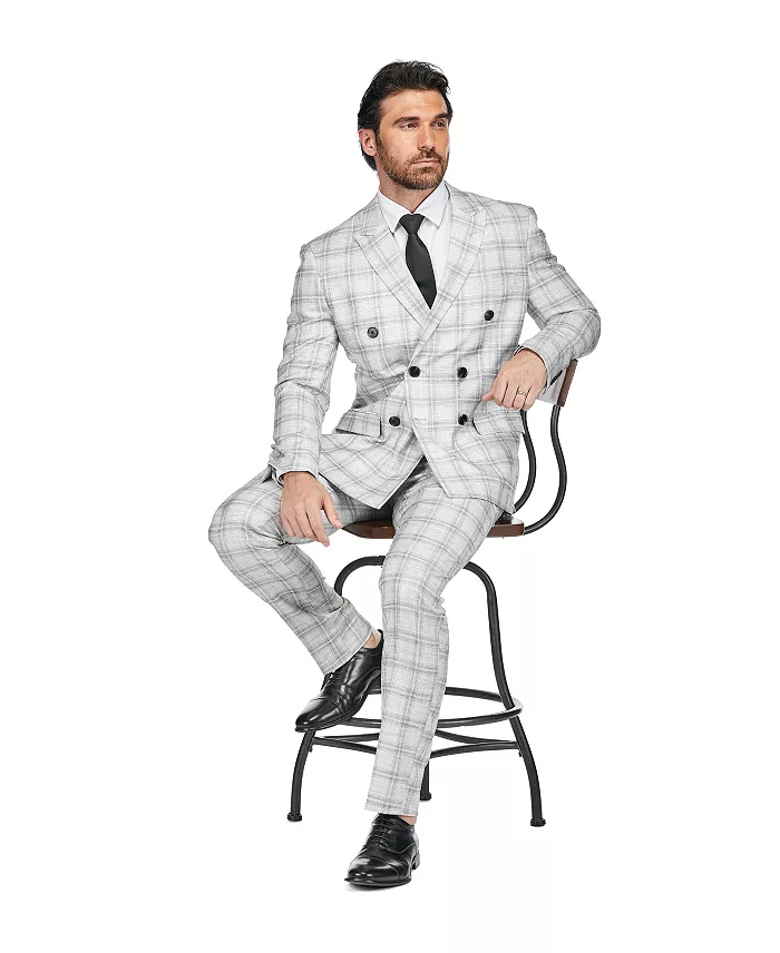 Men's 2 Piece Slim Fit Grey Check Double Breasted Suit - thumbnail 2