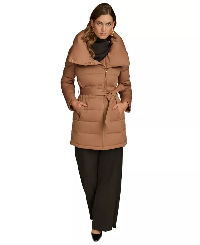 Women's Belted Asymmetric Puffer Coat - thumbnail 5