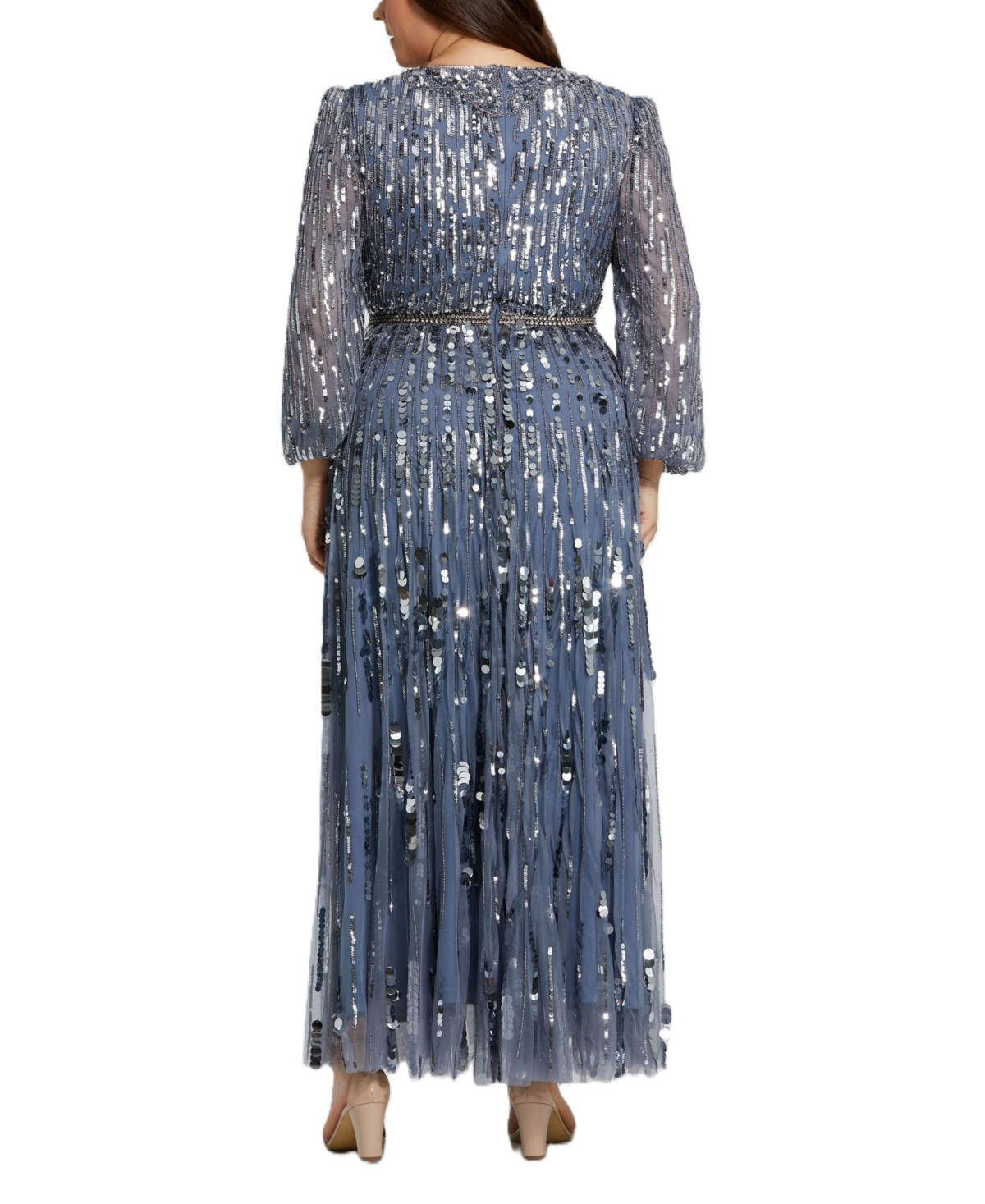 Mac Duggal Plus Size Long Sleeve Beaded Crystal Deep V Neckline Gown