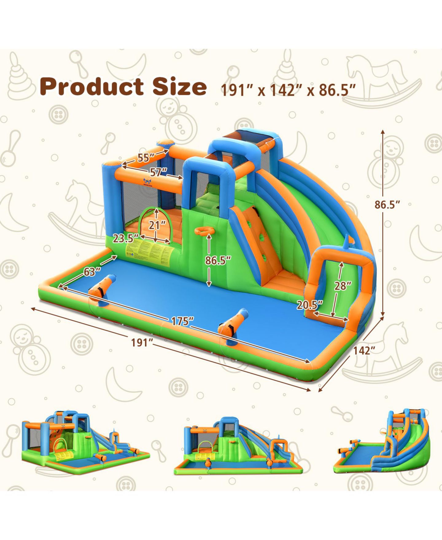Детская игрушка INOLAIT 7-in-1 Inflatable Giant Water Park Bouncer with Dual Climbing Walls and 735W Blower, цвет: Синий — фото 3