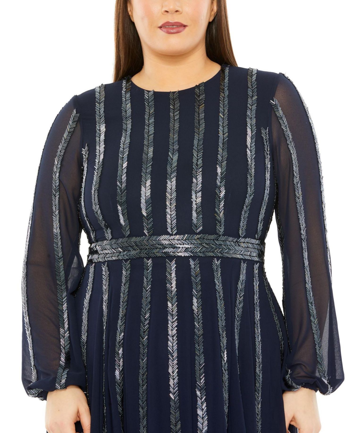 Plus Size Long Sheer Sleeve Beaded Dress