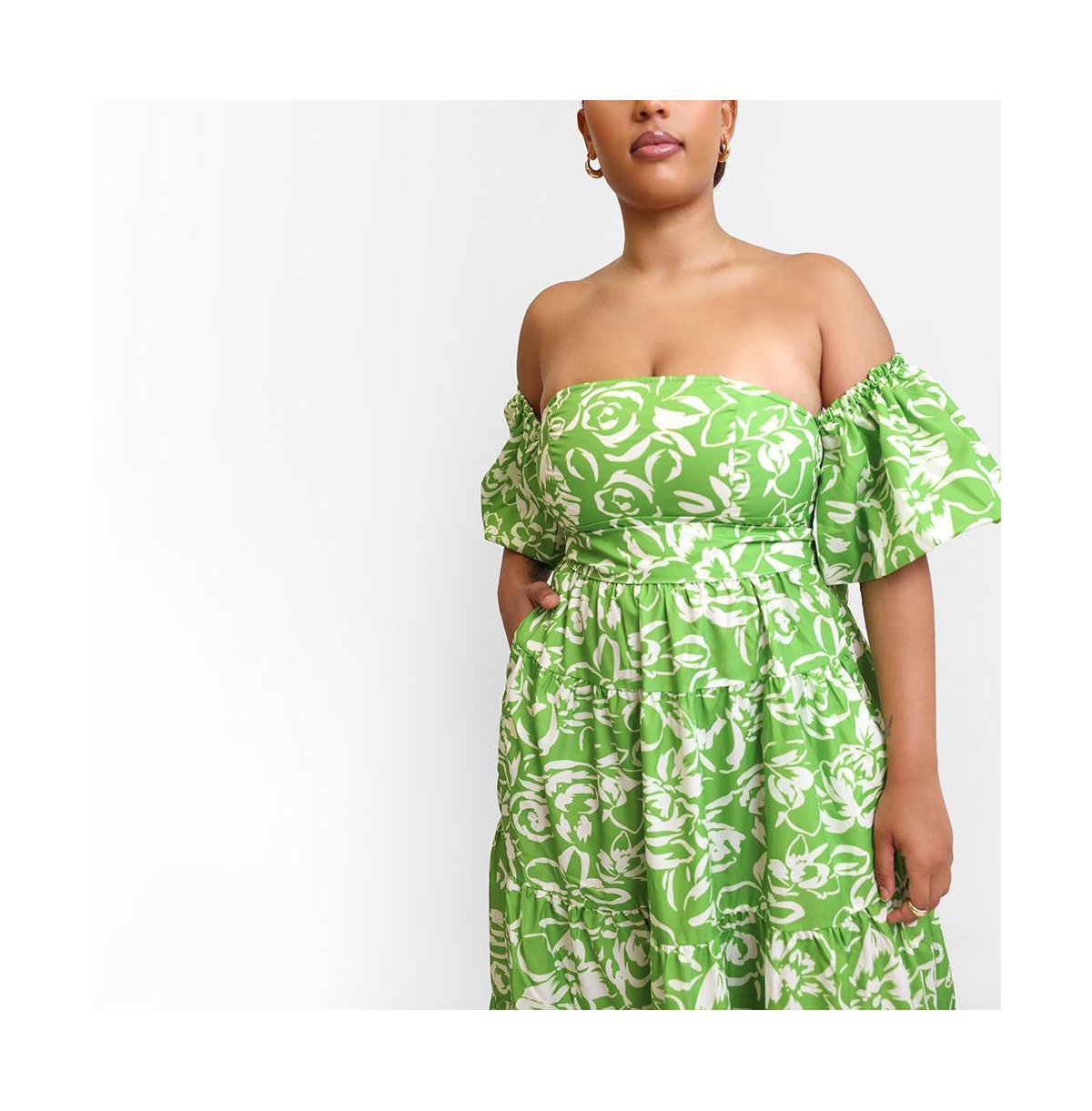 Rebdolls Plus Size Allegra Floral Puff Sleeve Belted Maxi Skater Dress