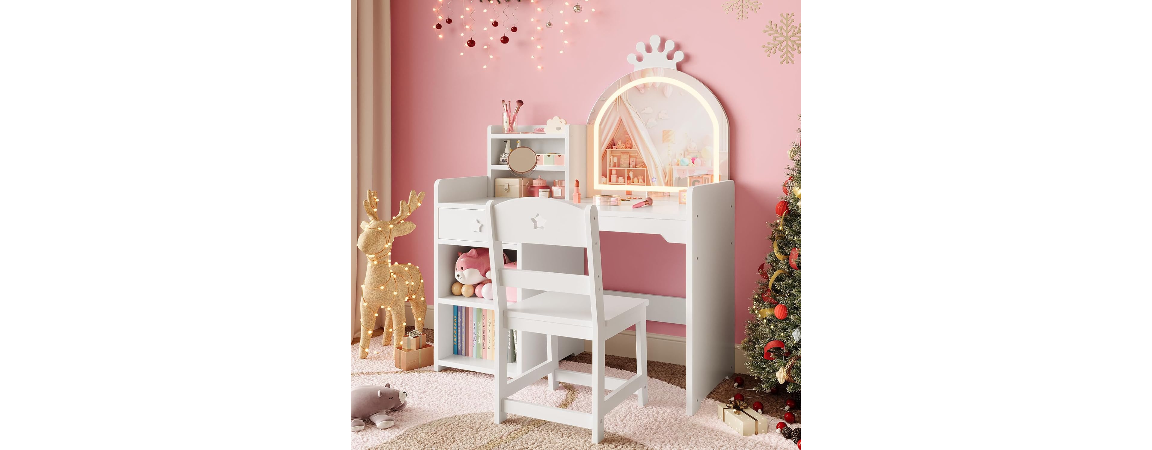 gaomon Kids Vanity Set, 2-in-1 Princess Makeup Table with Tri-Folding Mirror & Drawer, Stool, Toddler Vanity, Pretend Play Vanity Set for Kids