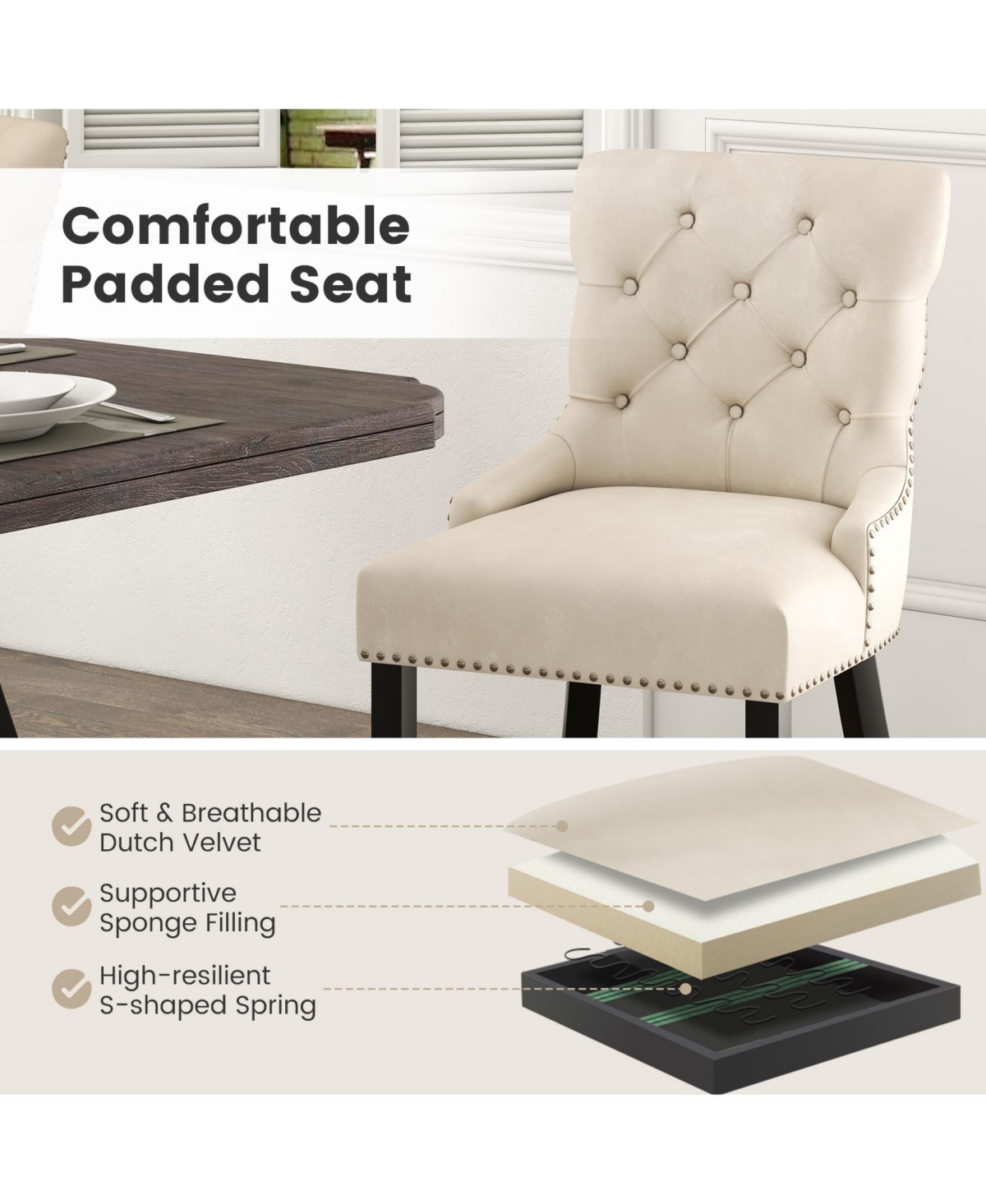 Gouun Upholstered Dining Chairs Set of 2 Tufted Wingback Chairs with Rubber Wood Legs -Khaki