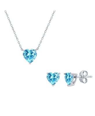 Simona Sterling Silver, Heart Crystal Earring & Necklace Set - Aquamarine