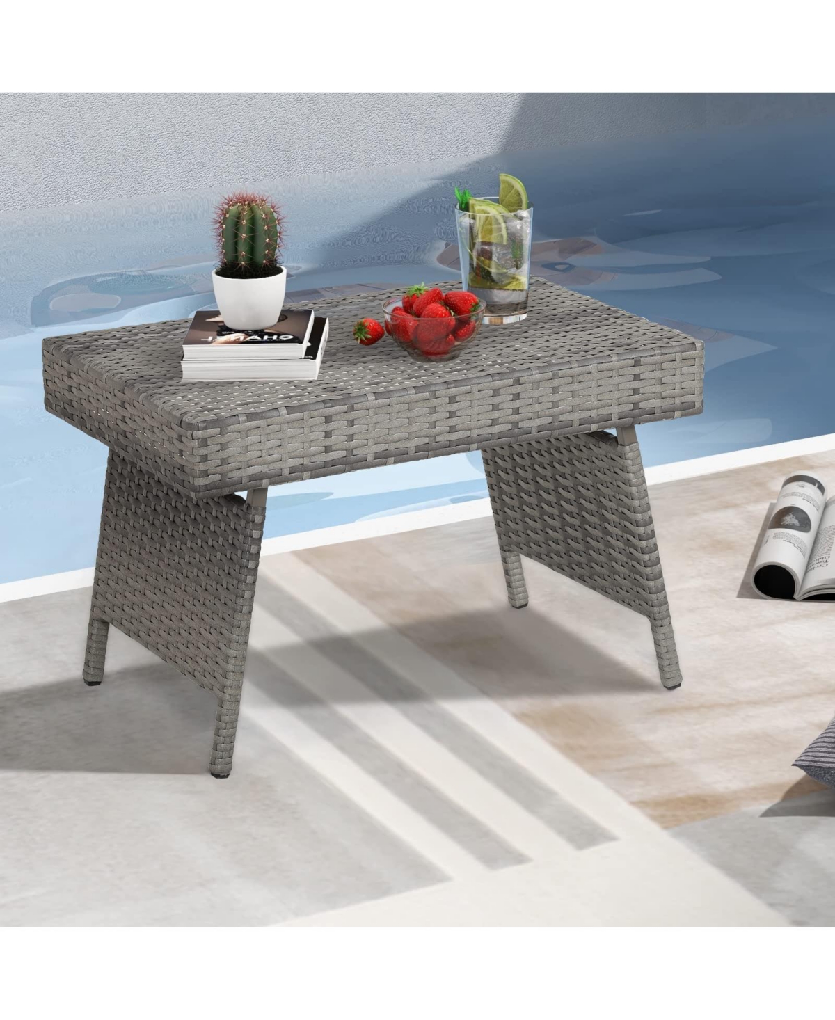 Inolait Folding Pe Rattan Side Coffee Table Patio Garden Furniture - Grey
