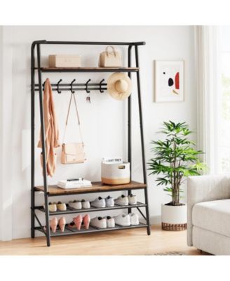 Coat Rack Shoe Bench, 4-in-1 Hall Trees Entryway Bench with Coat Rack and Shoe Rack, Wood Look Accent Furniture Hanging Bar