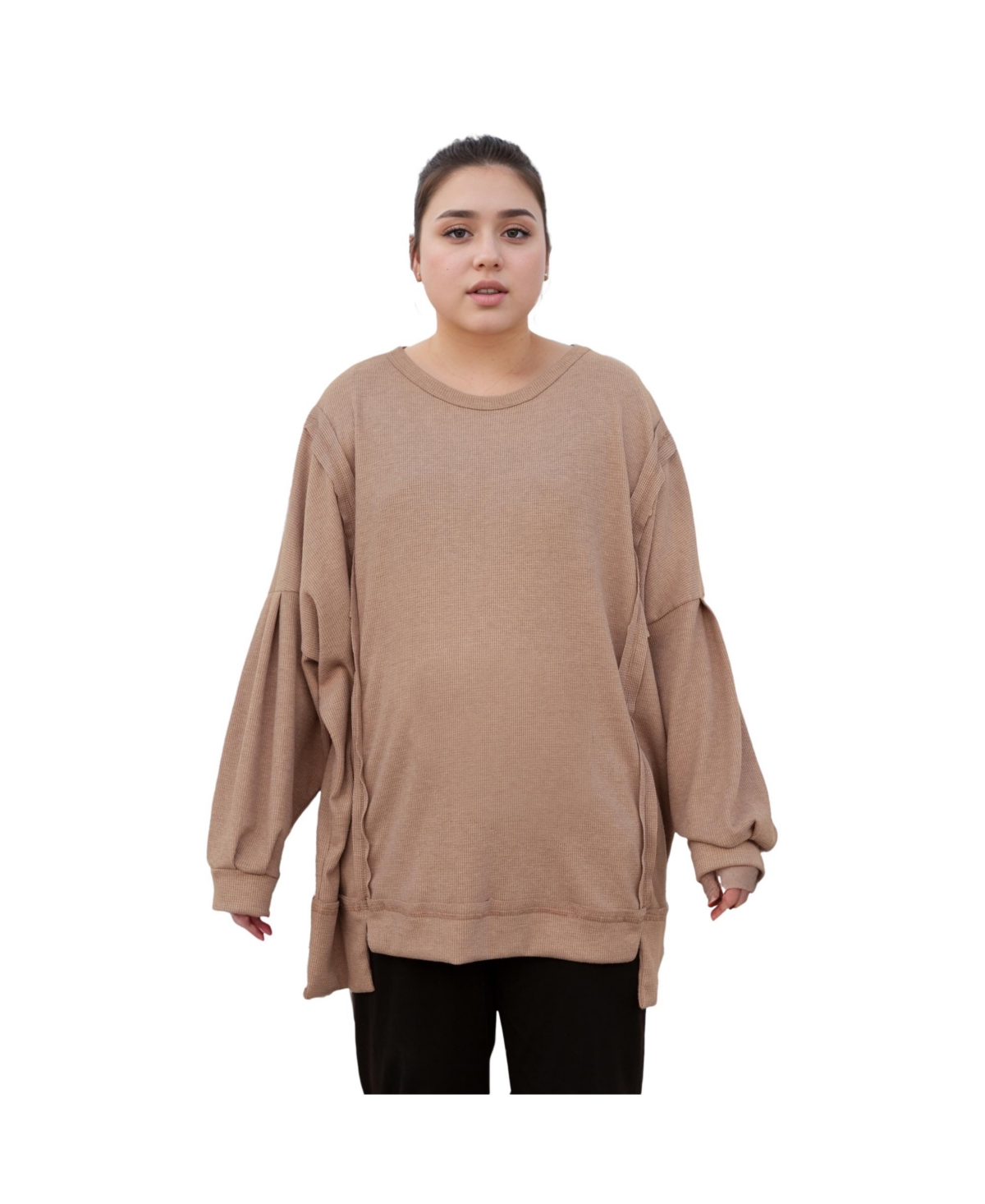 Plus Size Long Sleeve Casual Knit Top - Camel