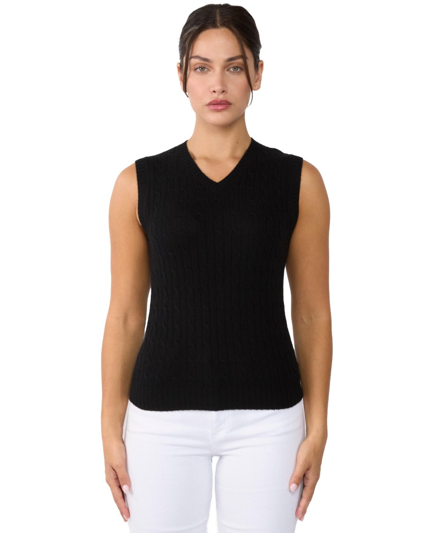 Женский жилет JENNIE LIU 100% Cashmere V Neck Cable-knit Sweater Vest, цвет: Чёрный — фото 1