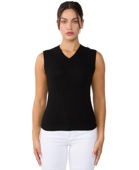 Женский жилет JENNIE LIU 100% Cashmere V Neck Cable-knit Sweater Vest, цвет: Чёрный