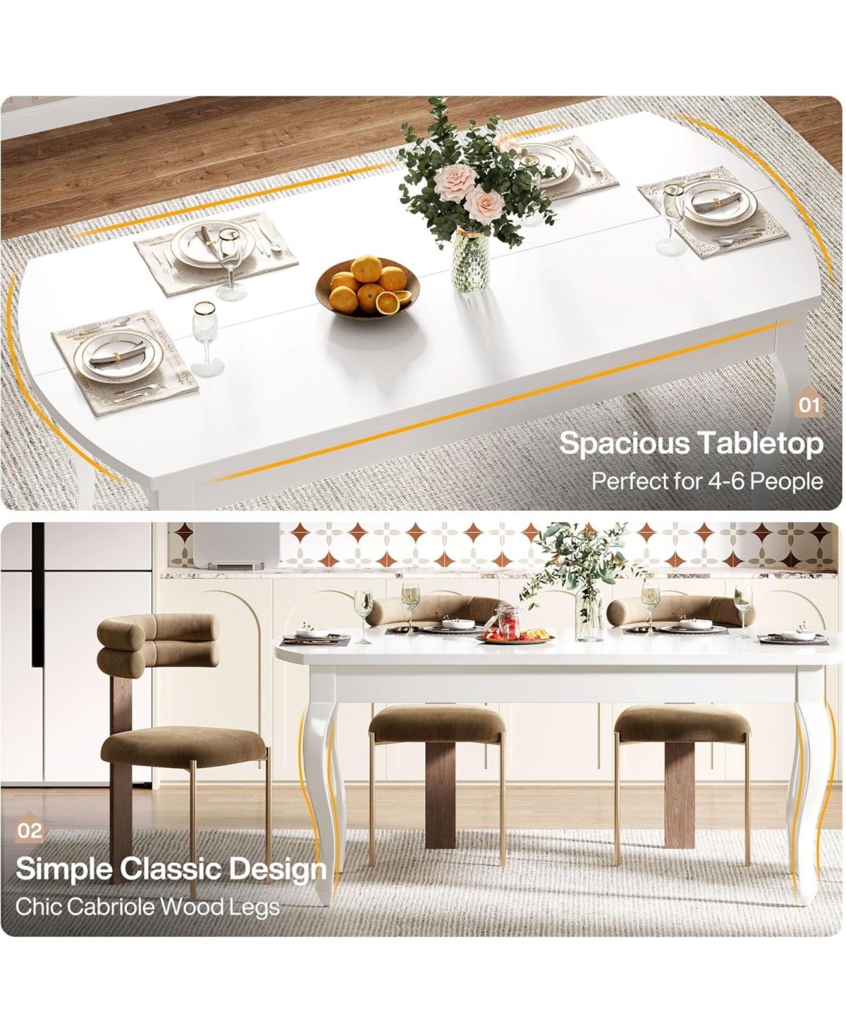 Tribesigns 63-Inch Dining Table for 4-6 People, Modern Rectangular Dining Room Table with Chic Cabriole Legs, Wood Kitchen Table Dinner Table fo
