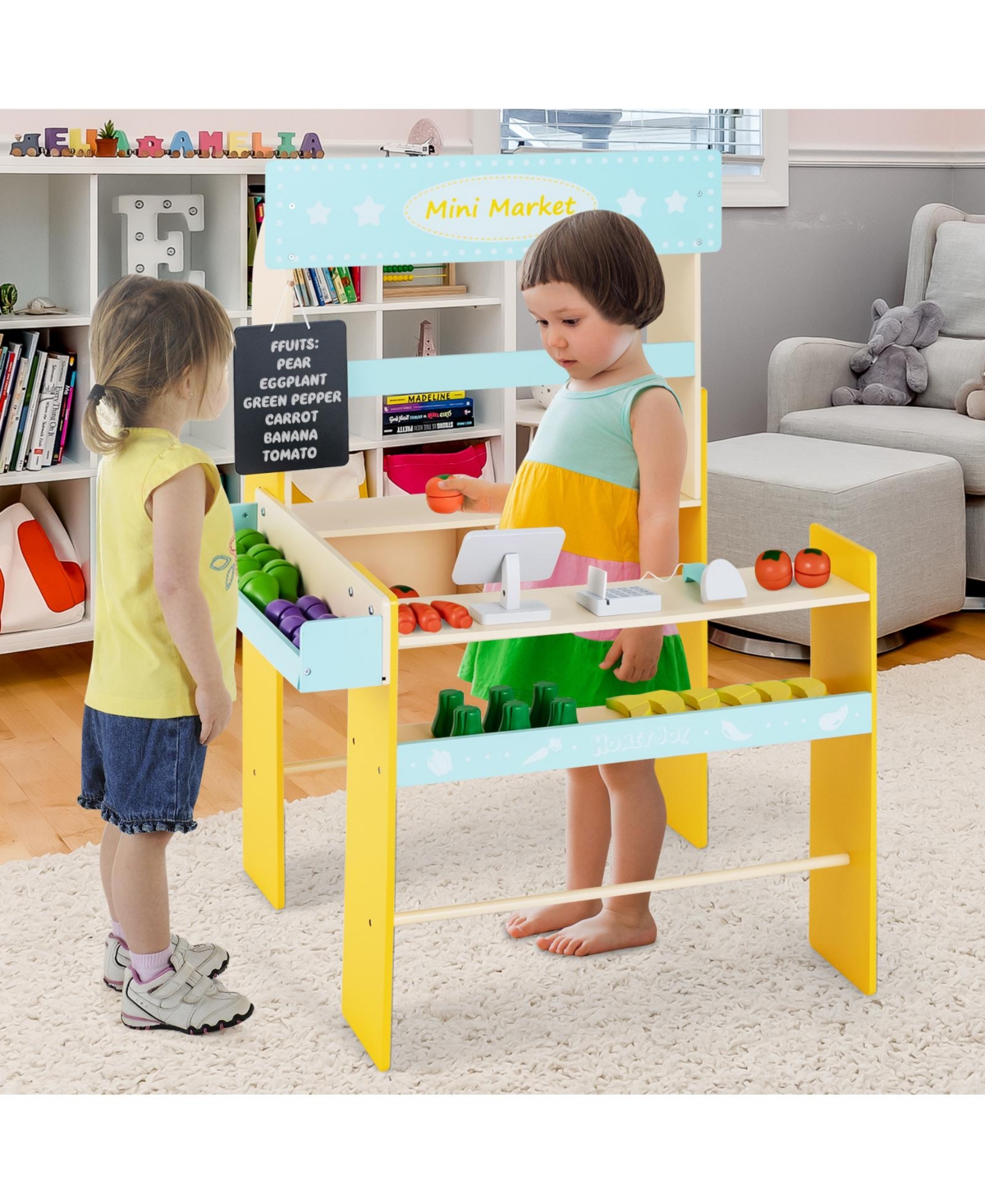 Sugift Kid's Pretend Play Grocery Store with Cash Register and Blackboard