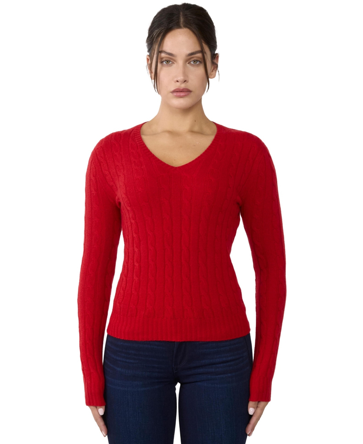 Jennie Liu Women's 100% Cashmere Cable-knit Long Sleeve Pullover V Neck Sweater