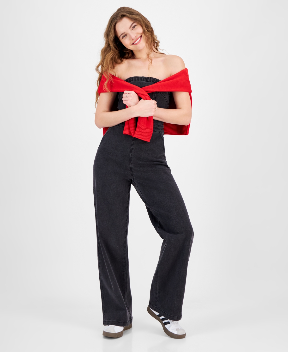 TINSELTOWN JUNIORS' STRAPLESS DENIM JUMPSUIT 
