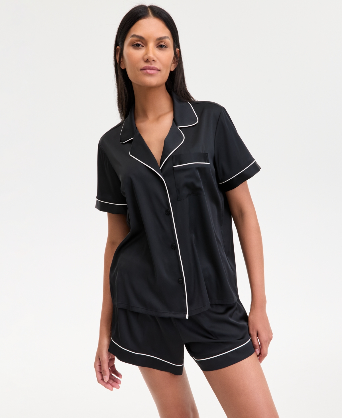Inc International Concepts I.n.c International Concepts Women's Stretch Satin Short-sleeve Pajama Set, Exclusively At Macy's In Deep Black