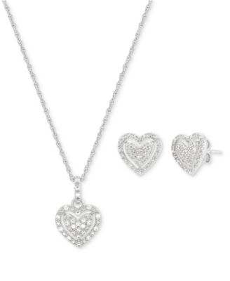 Macy's - 2-Pc. Set Diamond Heart Pendant Necklace & Matching Stud Earrings (1/4 ct. t.w.) in Sterling Silver
