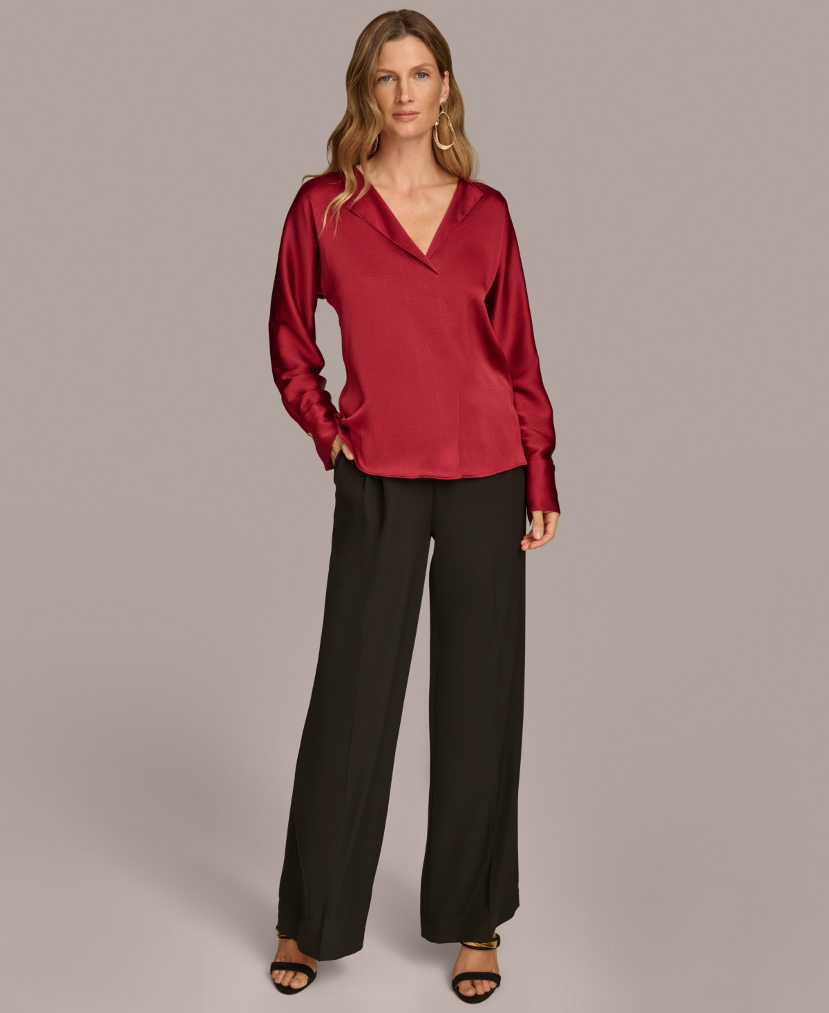 Donna Karan New York Women's Long-Sleeve V-Neck Satin Blouse