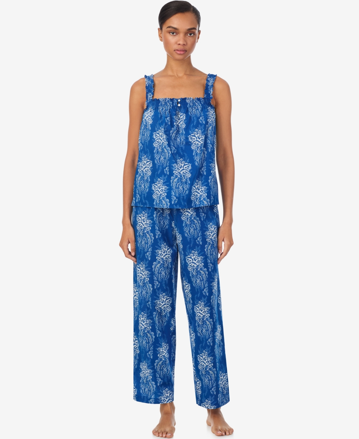 Women's Square Smocked Neck Cropped Pant Pajama Set - Navy Print