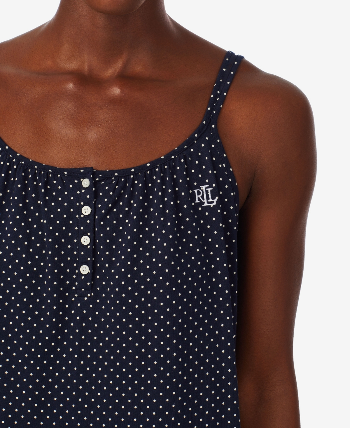 Shop Ralph Lauren Women's Double Strap Button Neck Ballet Gown In Navy Dot