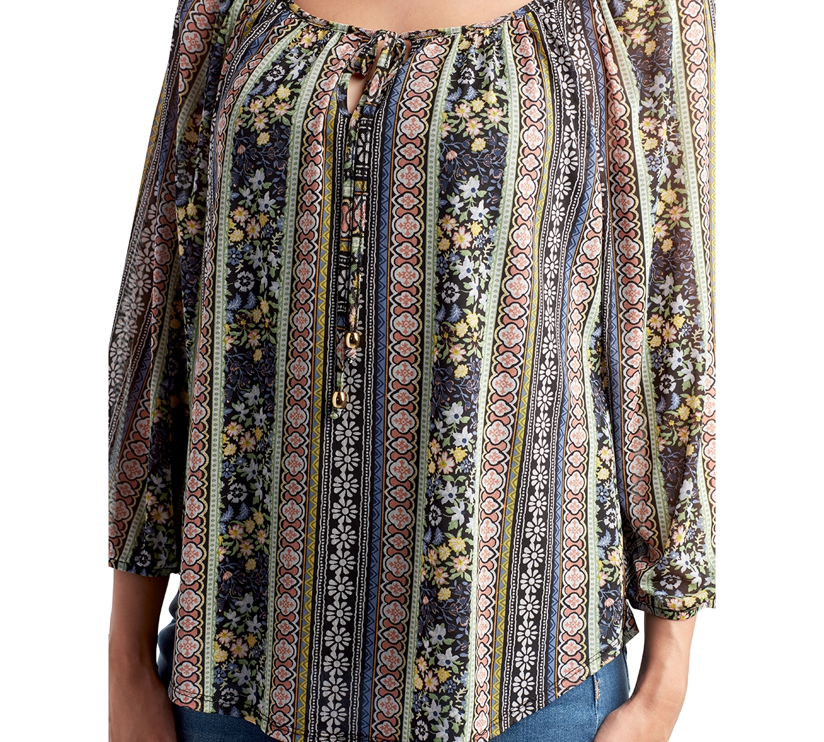 Bcx Juniors' Printed-mesh Peasant 3/4-sleeve Top In Pat G