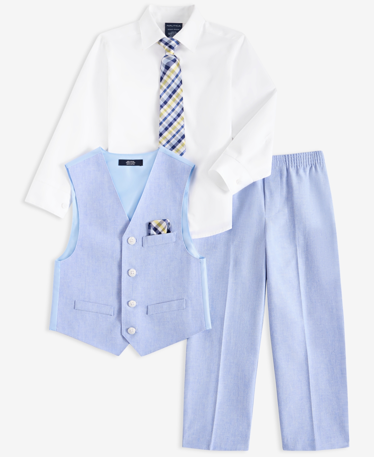 Nautica Toddler & Little Boys Vest, Plaid Tie, Shirt & Pants, 4 Piece Set In Light Blue