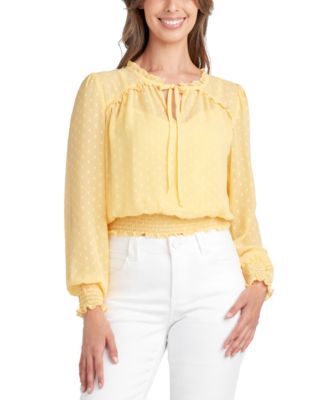 BCX - Juniors' Clip-Dot Ruffle-Neck Smocked Blouse
