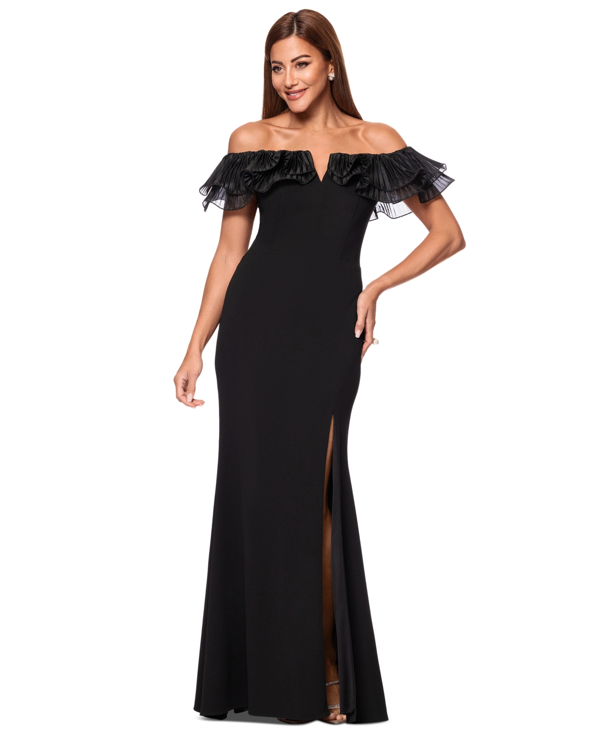 Women's Ruffled Off-The-Shoulder Side-Slit Gown - Black