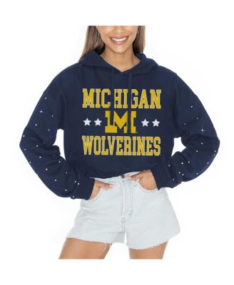 Women's Navy Michigan Wolverines Can't Lose Rhinestone Cropped Pullover Hoodie