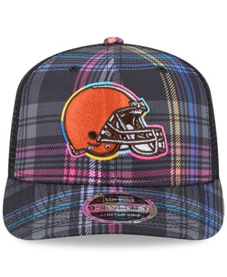 Men's Black Cleveland Browns 2024 NFL Crucial Catch Plaid 9SEVENTY Trucker Snapback Hat