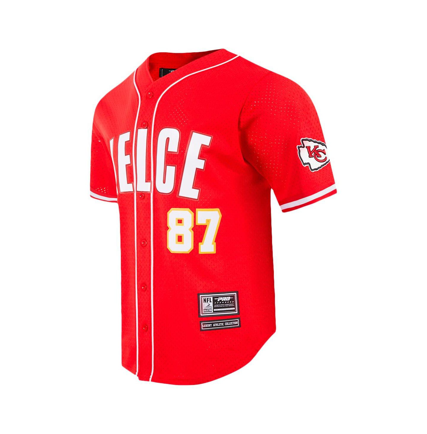 Мужской топ Pro Standard Travis Kelce Red Kansas City Chiefs Mesh Button-Up Baseball Jersey — фото 2