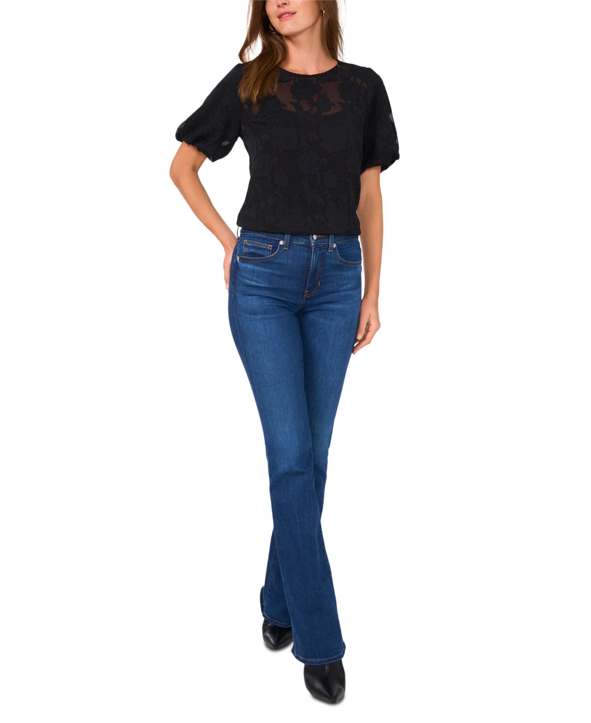 Vince Camuto Women's Floral-Jacquard Puff-Sleeve Top