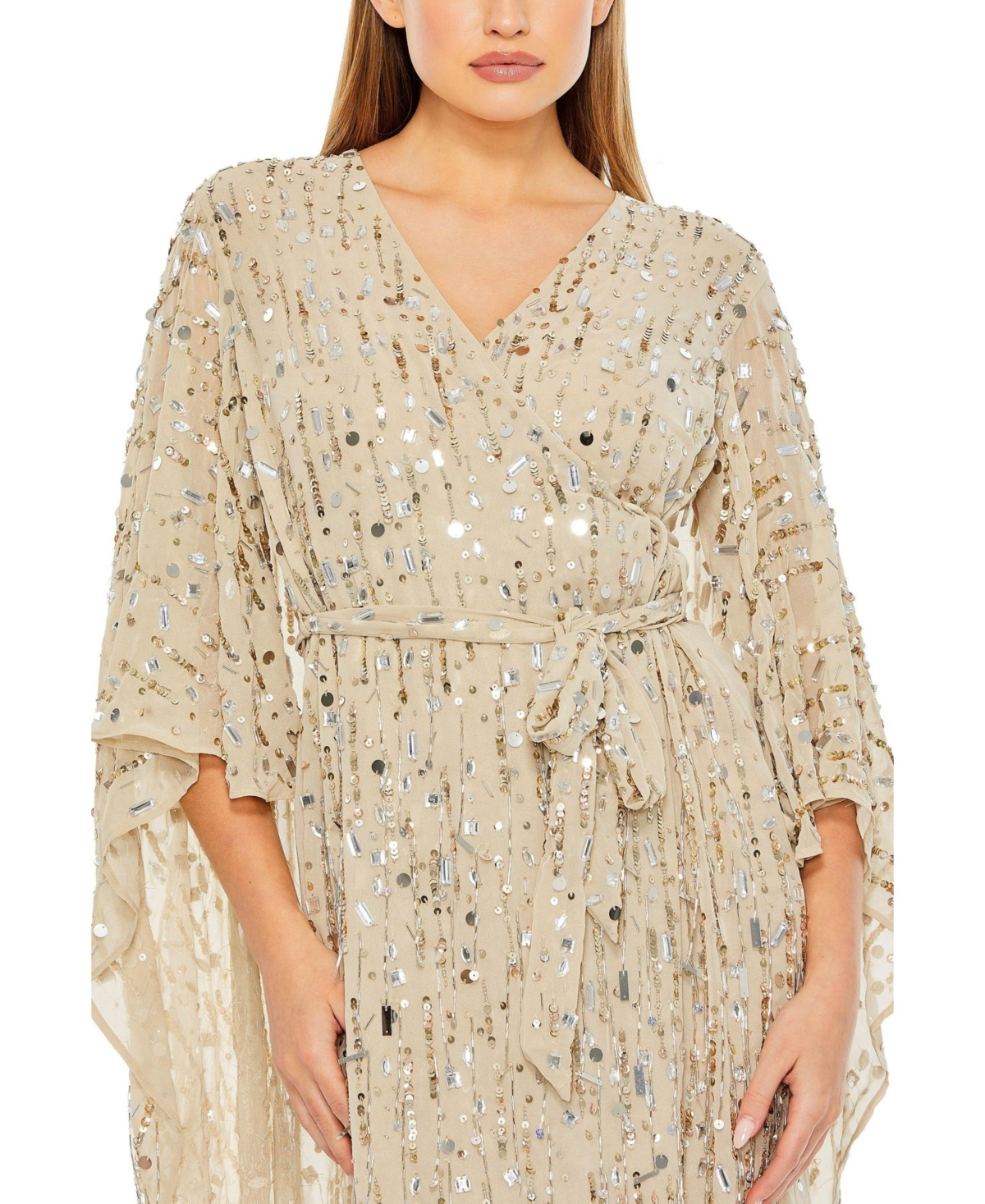 Mac Duggal Women's Cape Back Fringe Beaded Robe Dress