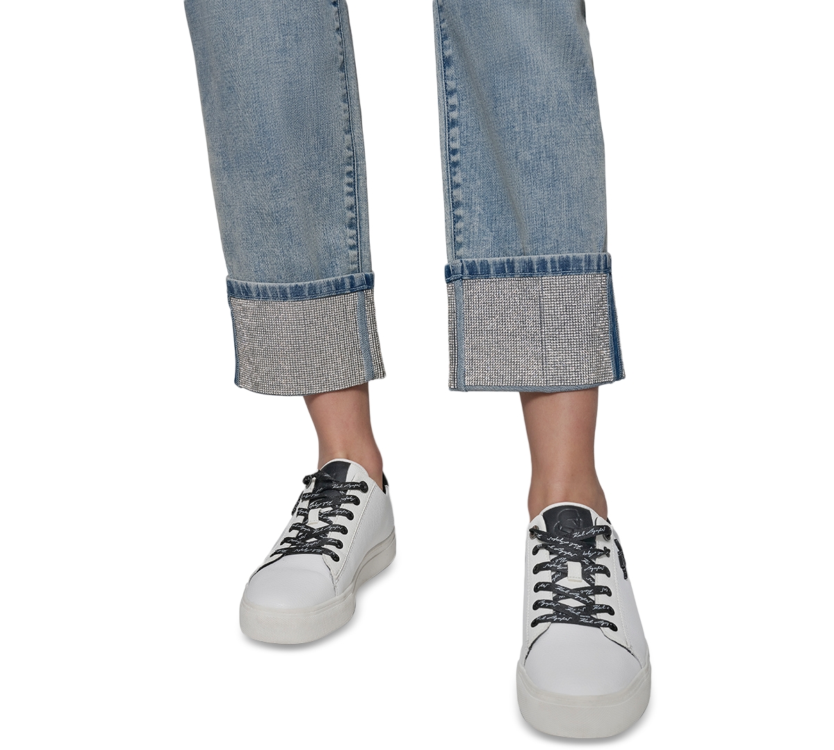 Shop Karl Lagerfeld Petite Crystal-cuff Cropped Jeans In Ice Blue Wash