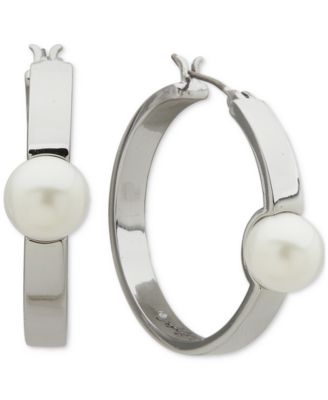 KARL LAGERFELD PARIS - Silver-Tone Imitation Pearl Small Hoop Earrings, 1"