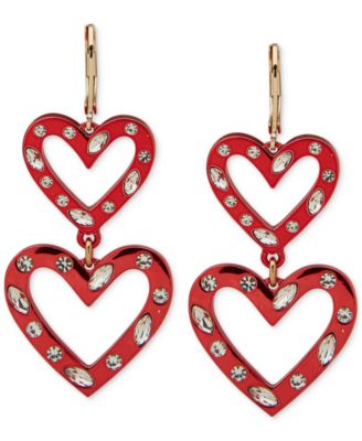 KARL LAGERFELD PARIS - Gold-Tone Mixed Cut Stone Red Resin Double Heart Drop Earrings