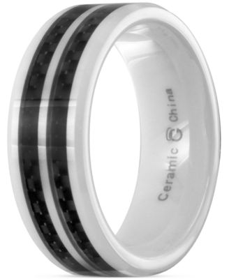 Men's White Ceramic & Double-Row Black Carbon Fiber Inlay Band 