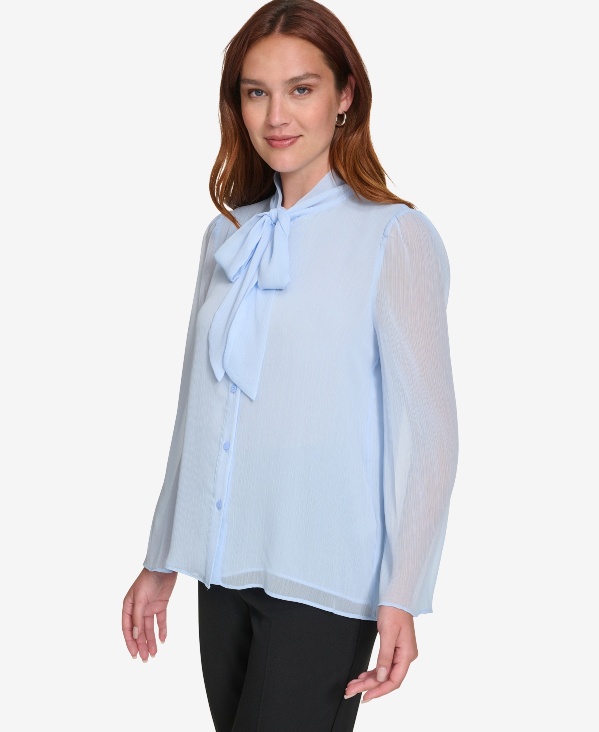 Calvin Klein Women's Long Sleeve Tie-neck Chiffon Blouse In Sky