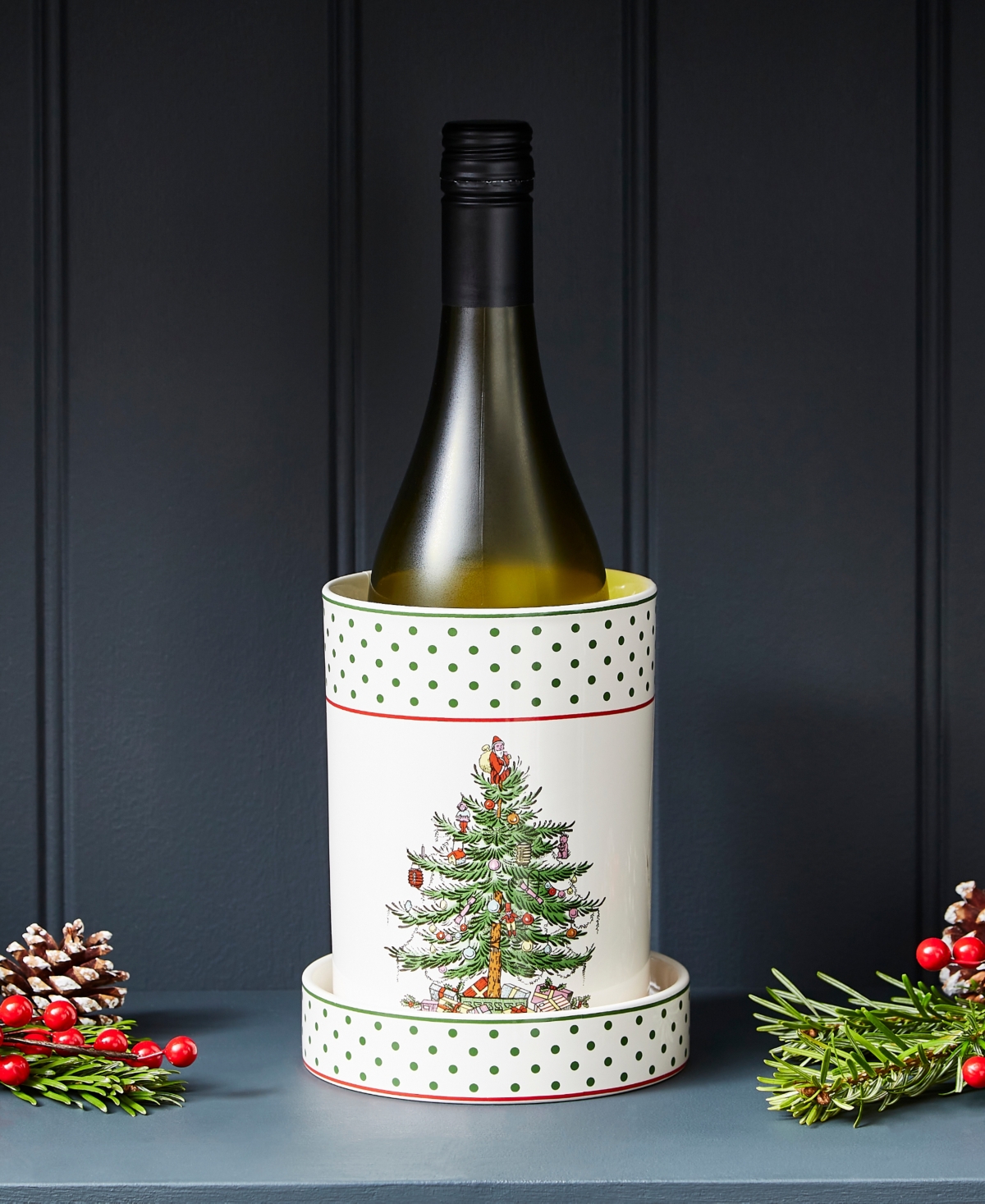 Spode Christmas Tree Polka Dot Wine Chiller Coaster Set In Green